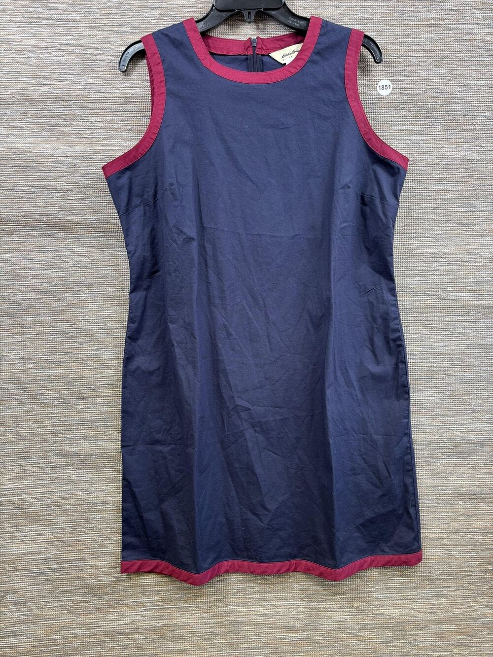 Eddie Bauer Stretch Shift Dress Womens Petite L Navy Blue Sleeveless Trim Casual